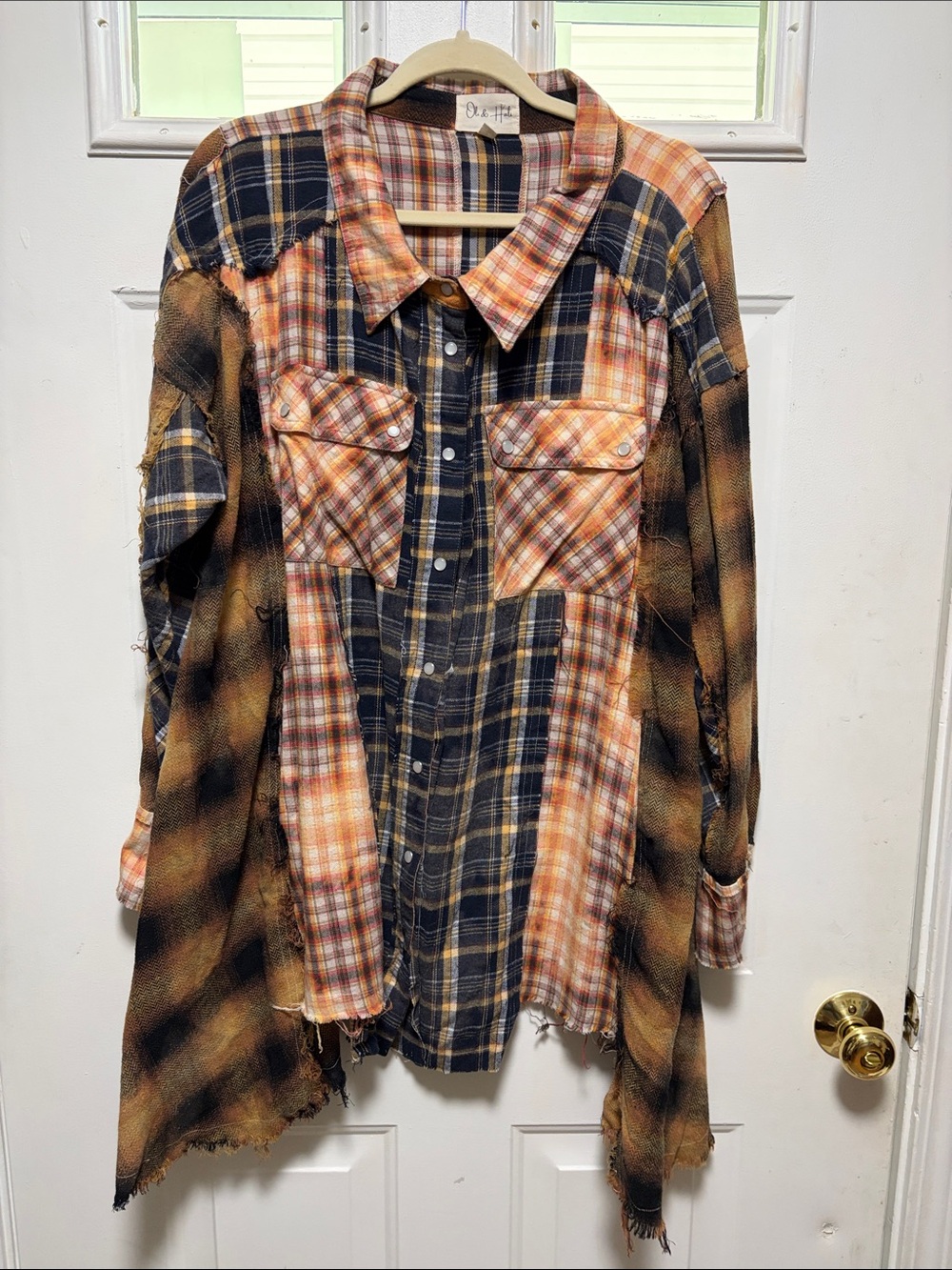 Oli & Hali Orange and Black Distressed Plaid Snap-Down Shirt